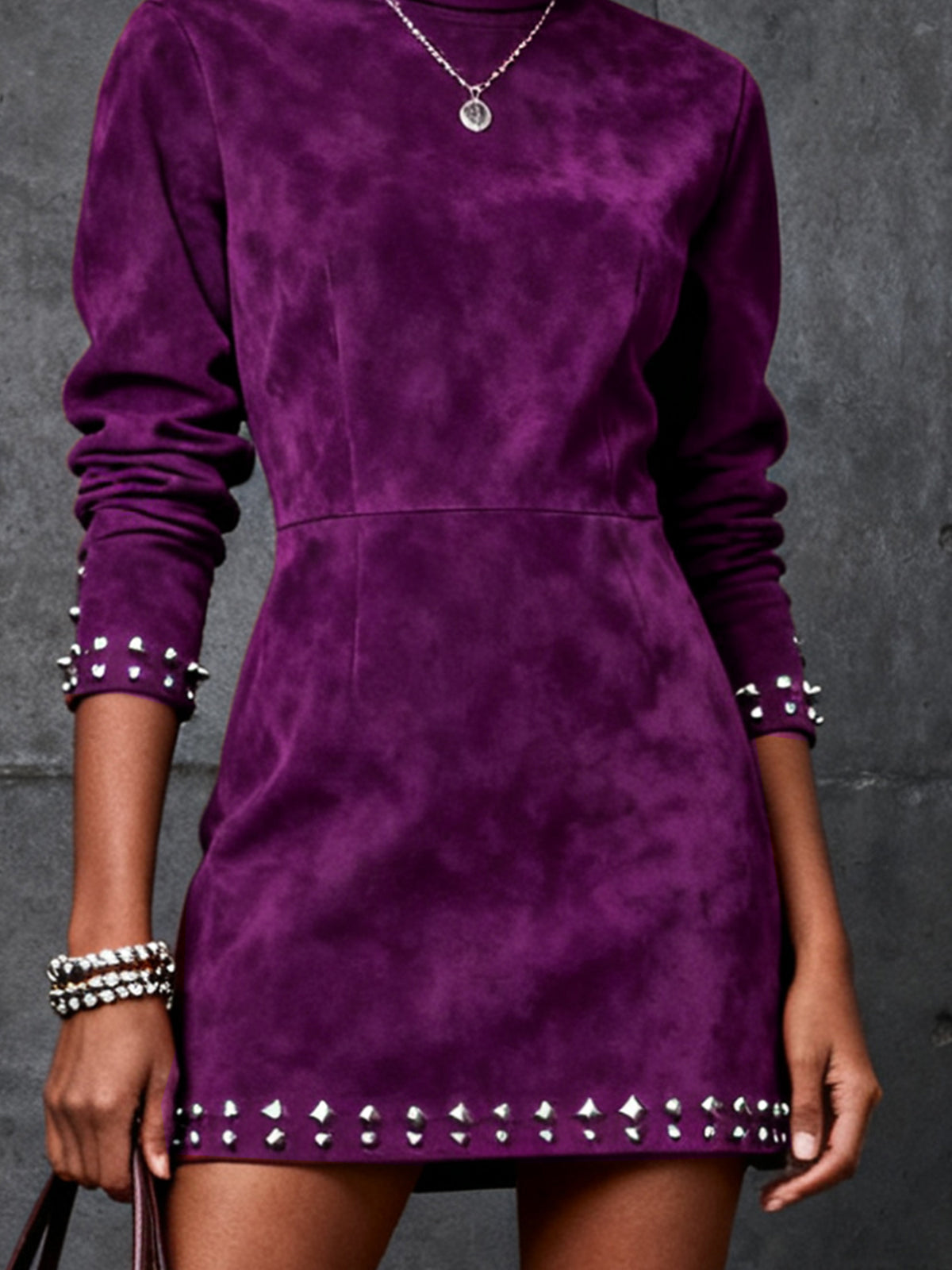 Purple Faux Suede Mini Dress With Studded Accents