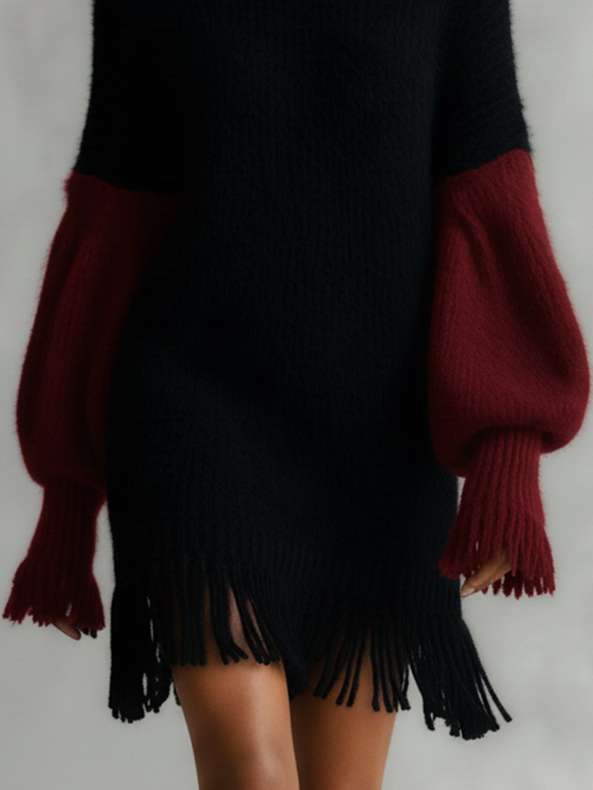 Black And Burgundy Knit Turtleneck Dress With Fringe Hem