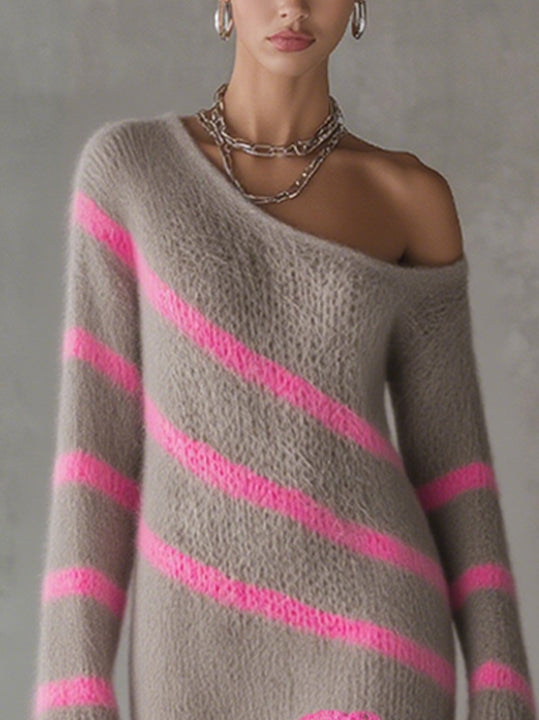 Gray And Pink Fuzzy Knit Sweater Dress With Lace Trim