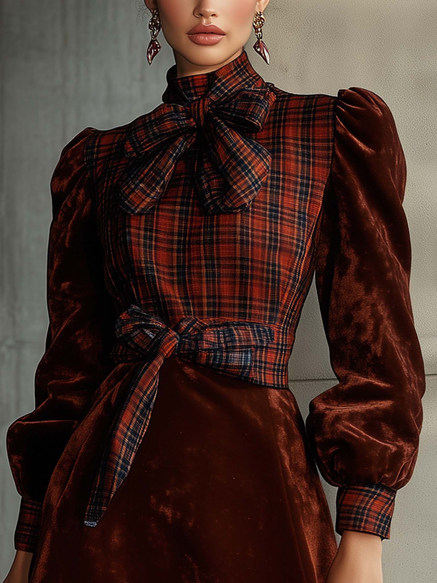 Brown Velvet Mini Dress With Patchwork Plaid And Belt