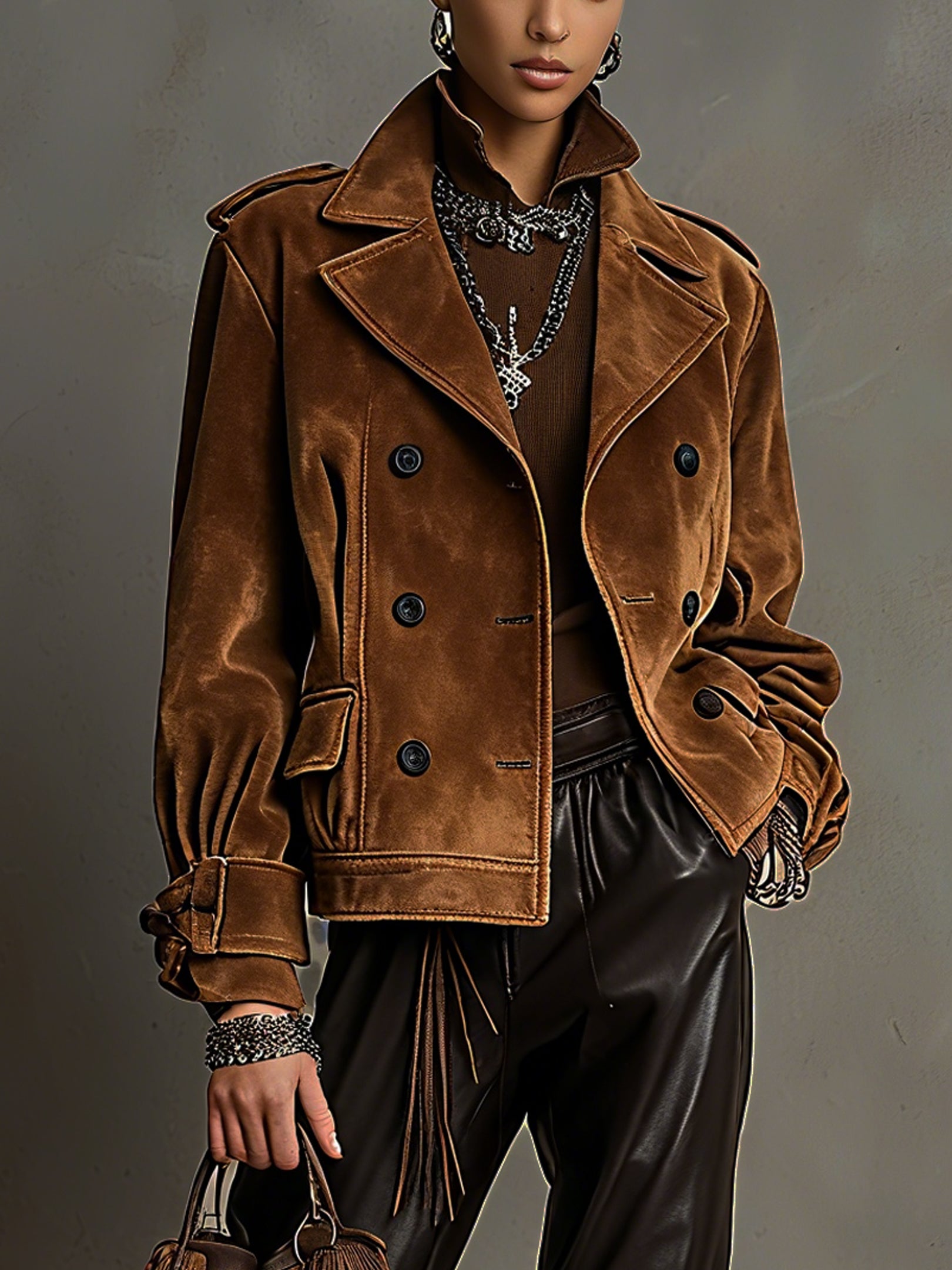 Brown Velvet Double Breasted Long Sleeve Jacket