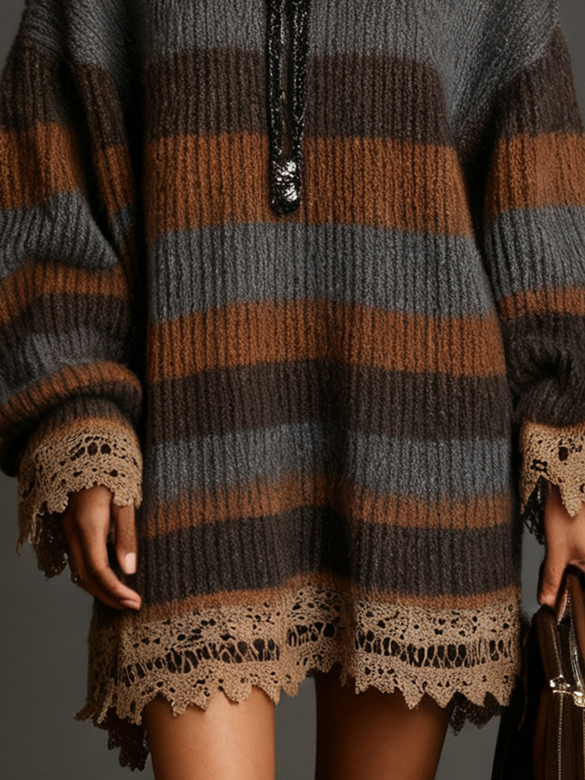 Striped Knit Dress With Beige Lace Trim