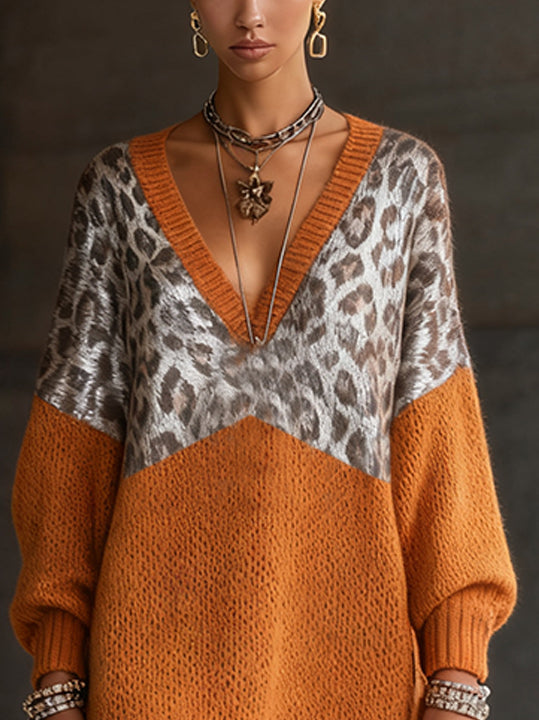 Leopard Print And Orange Knit Dress With Fringed Hem