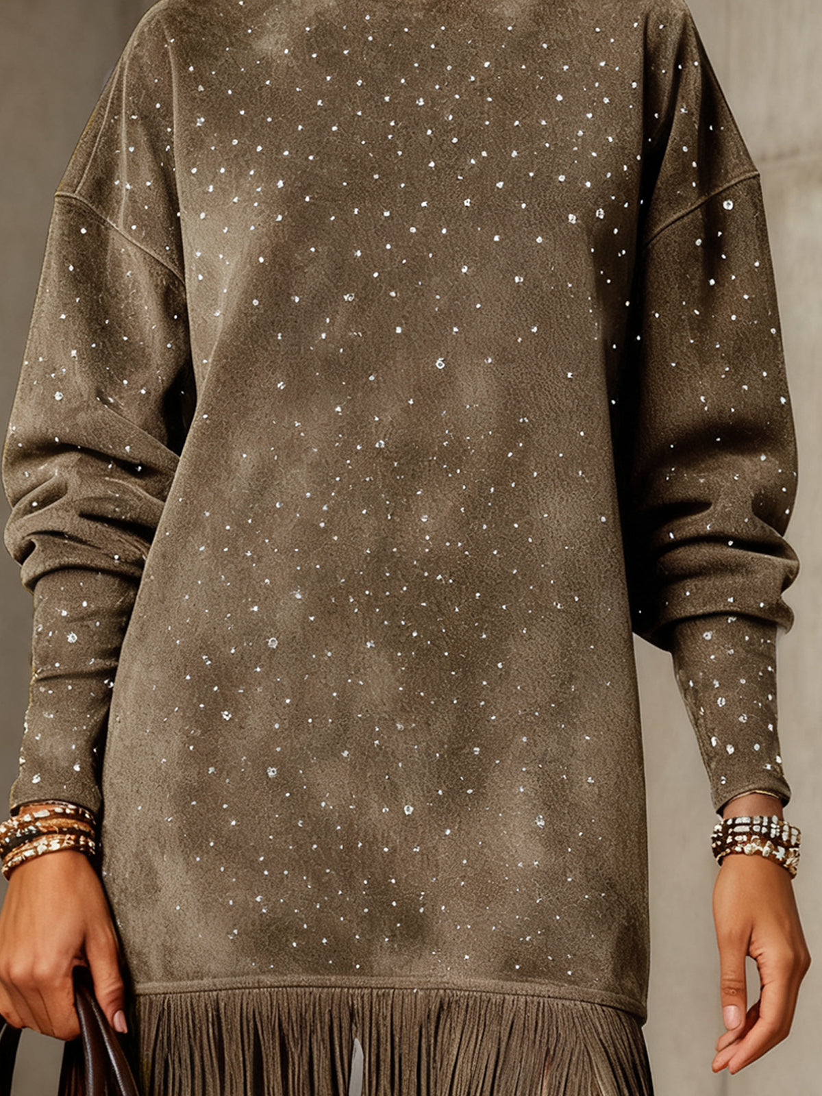 Gray Faux Suede Turtleneck Dress With Fringe Hem