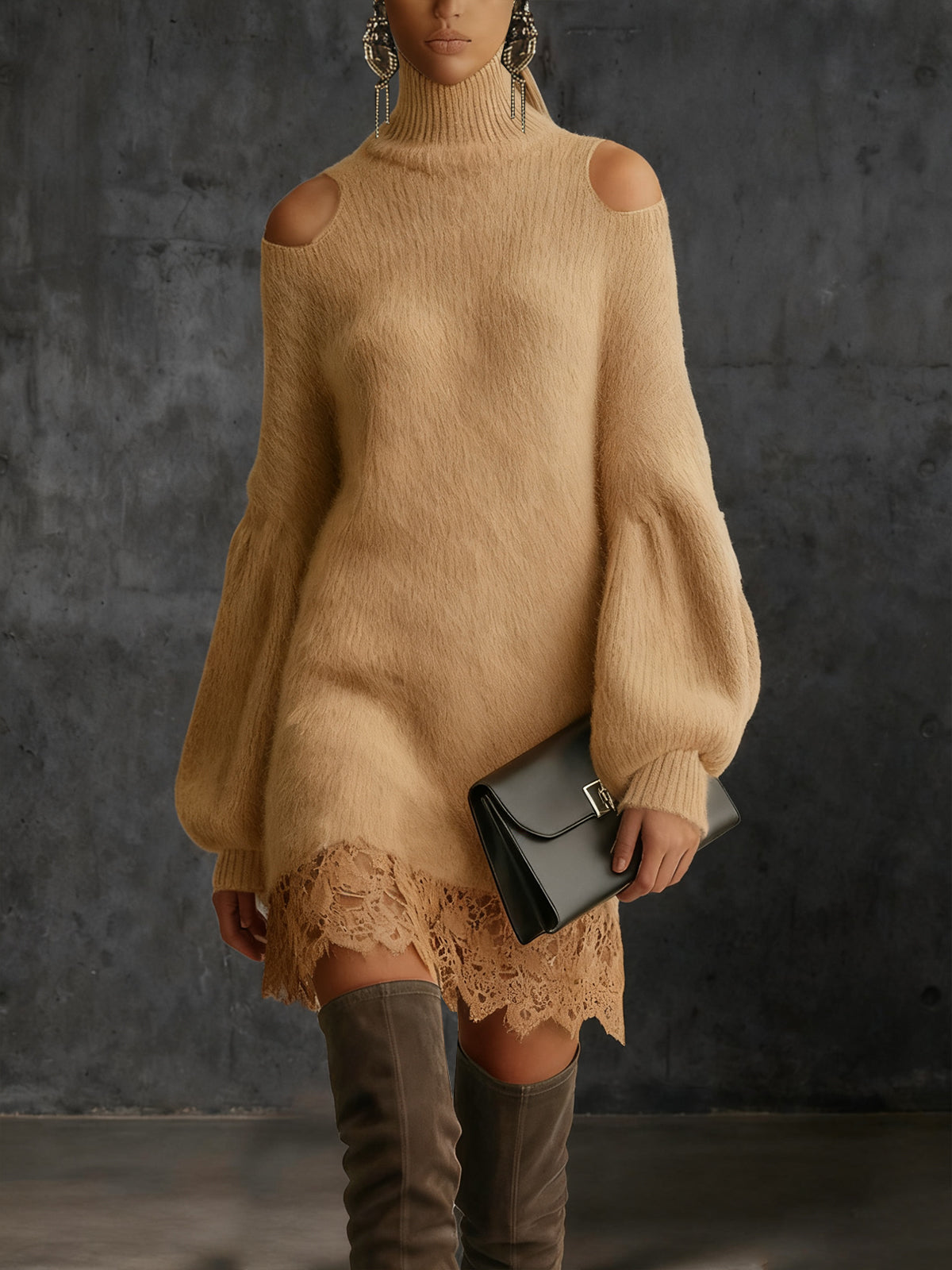 Cold Shoulder Camel Knit Dress With Lace Trim