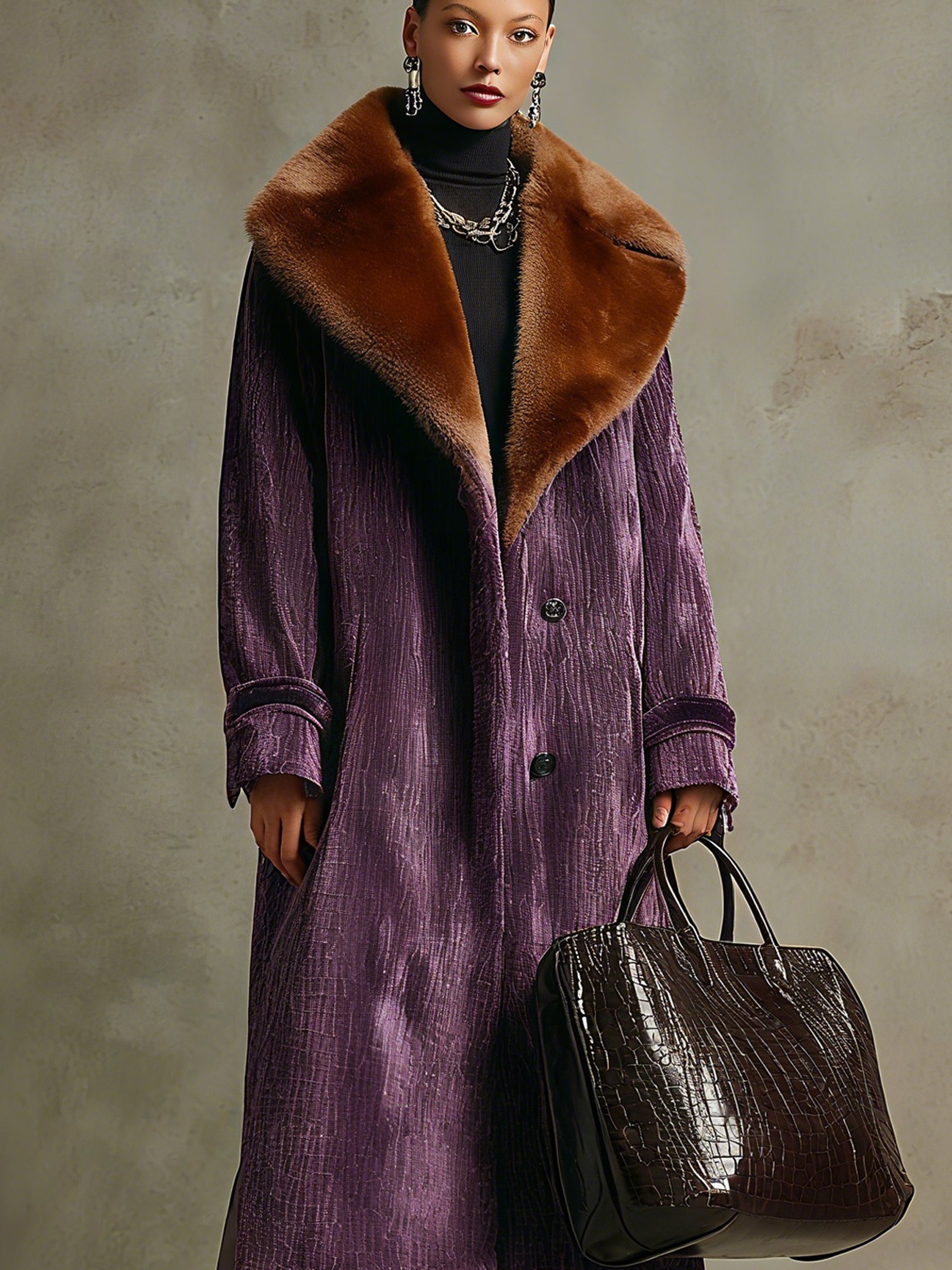 Purple Velvet Long Coat With Eco Friendly Faux Fur Collar
