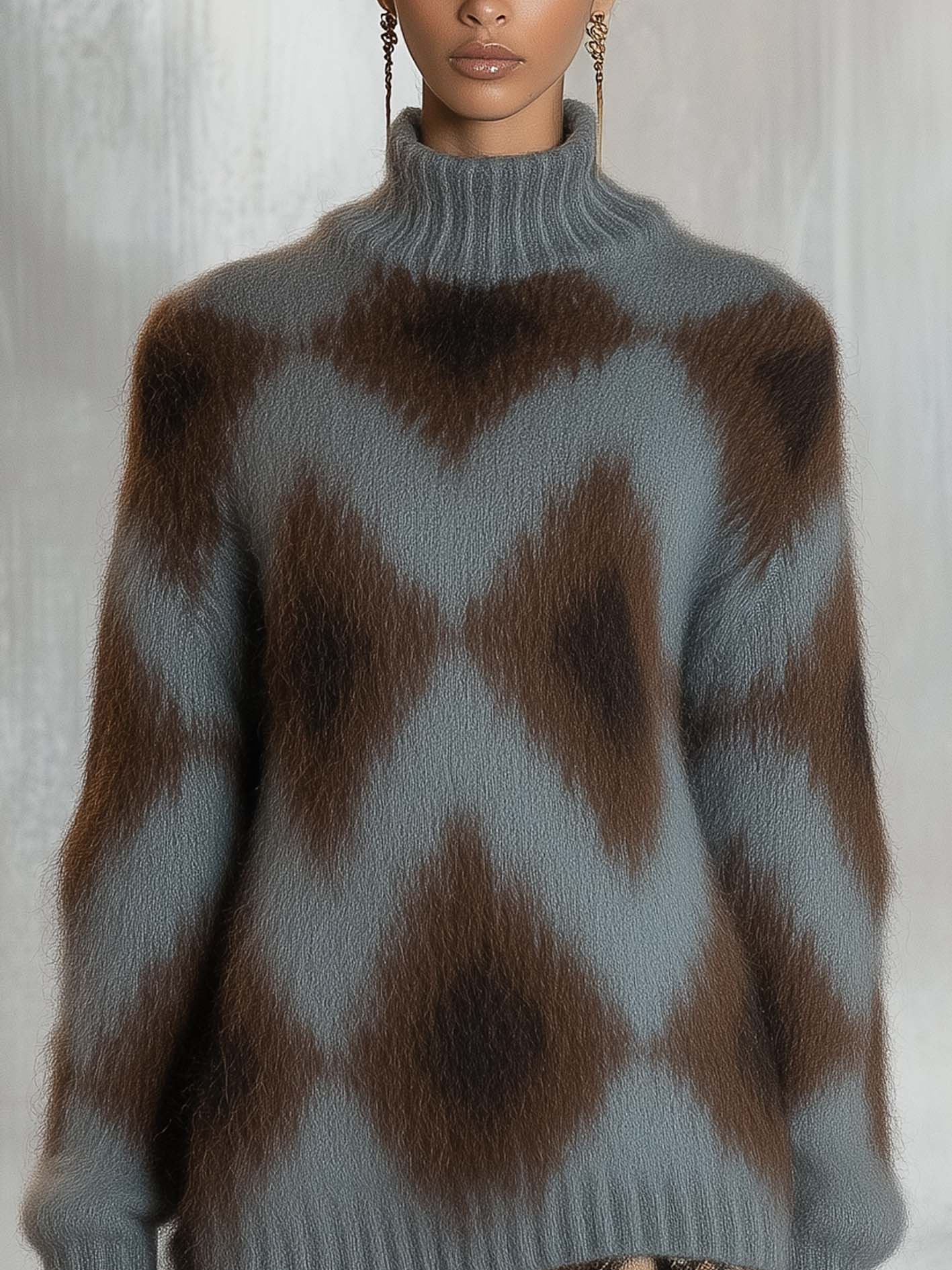 Haze Blue Knitted Mini Dress With Ruffles And Diamond Pattern