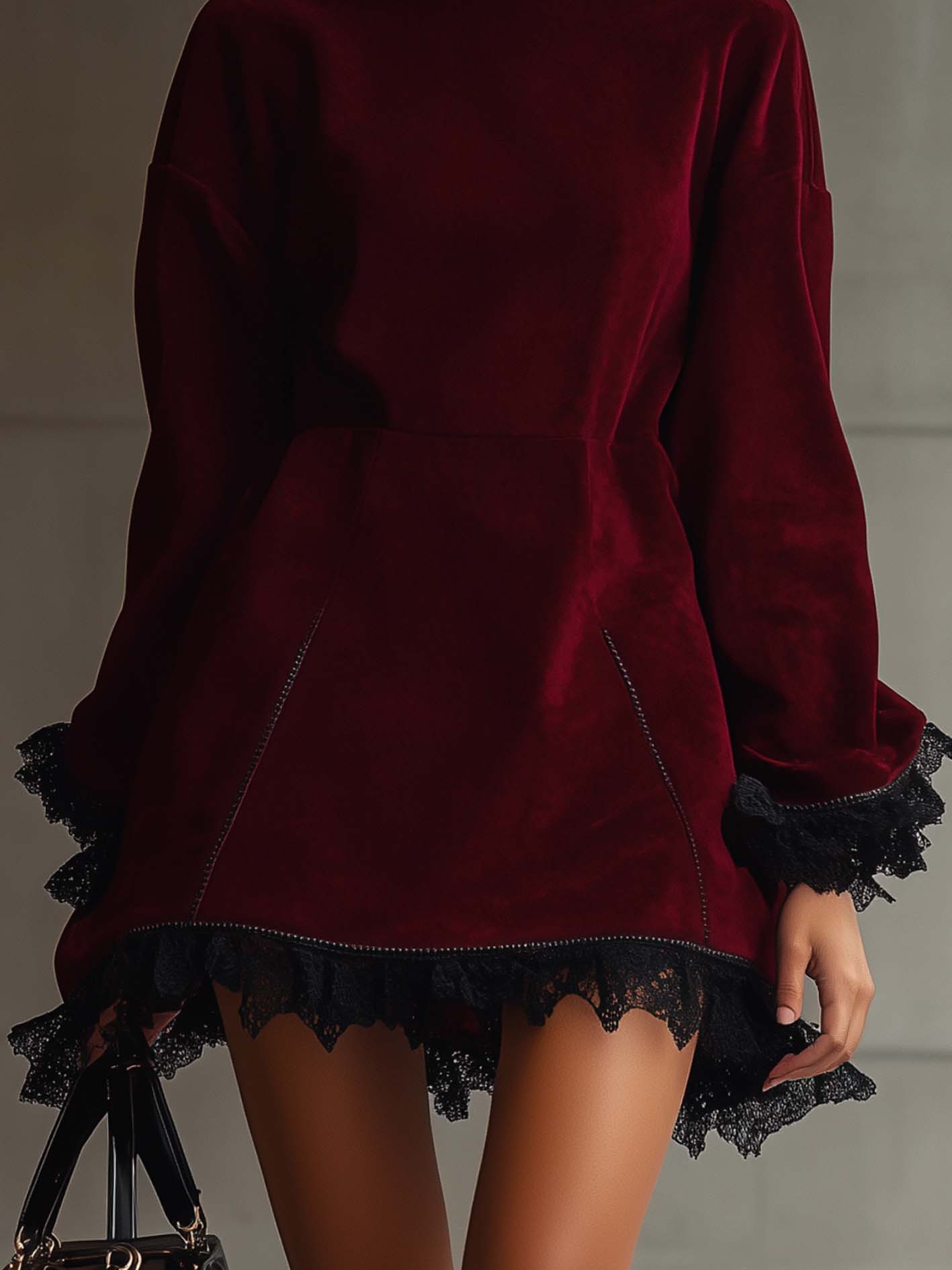 Burgundy Faux Suede Mini Dress With Black Lace Trim