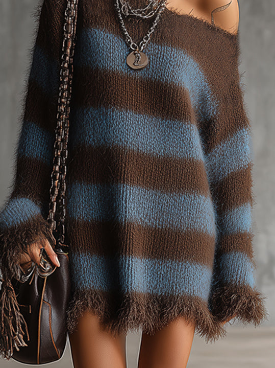 Brown And Blue Fuzzy Striped Oversized Sweater Dress