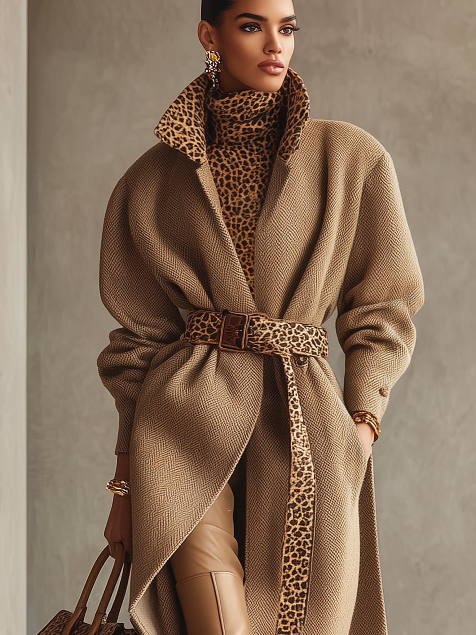 Camel Herringbone Coat With Leopard Print Belt