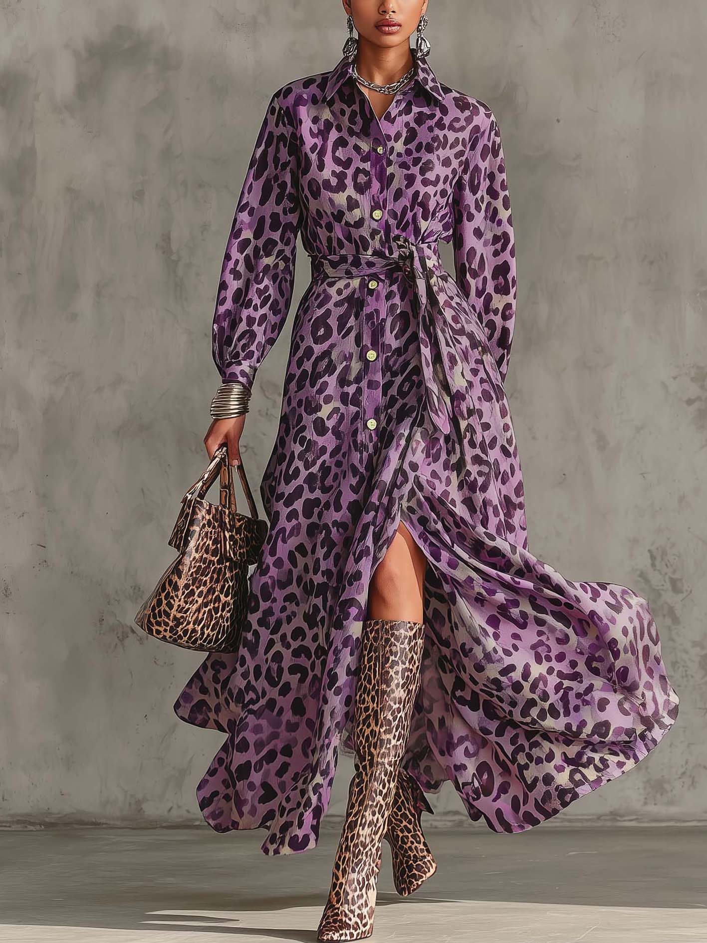 Purple Gradient Leopard Print Maxi Dress With Belt