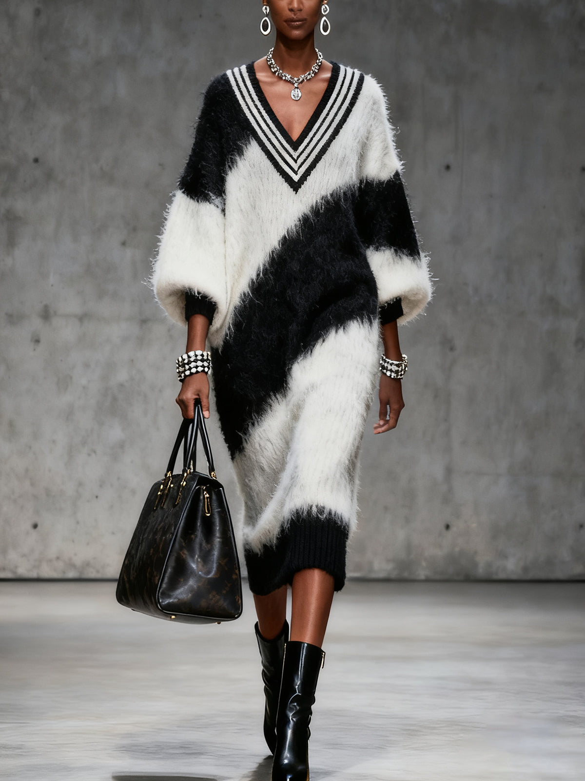 Black And White Fuzzy V-Neck Sweater Dress