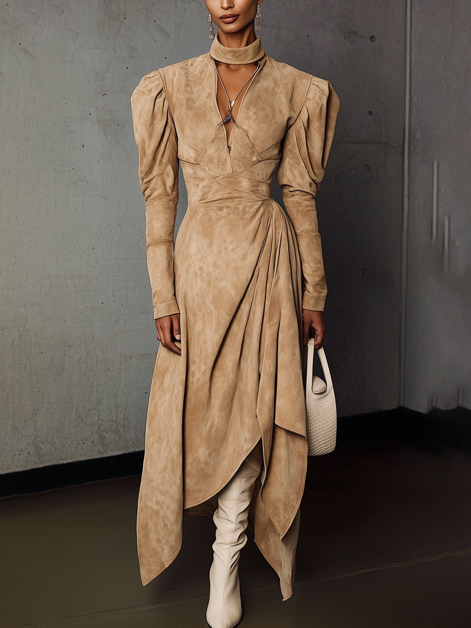 Beige Faux Suede Draped Long Sleeve Maxi Dress