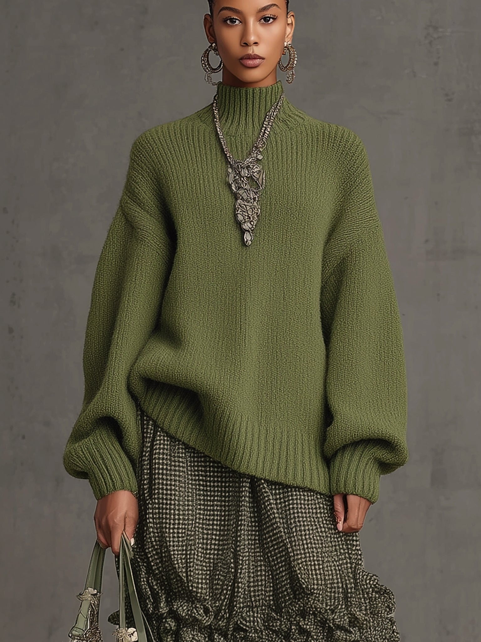 Olive Green Loose Fitting Long Sleeve Knit Sweater And Plaid Skirt Set