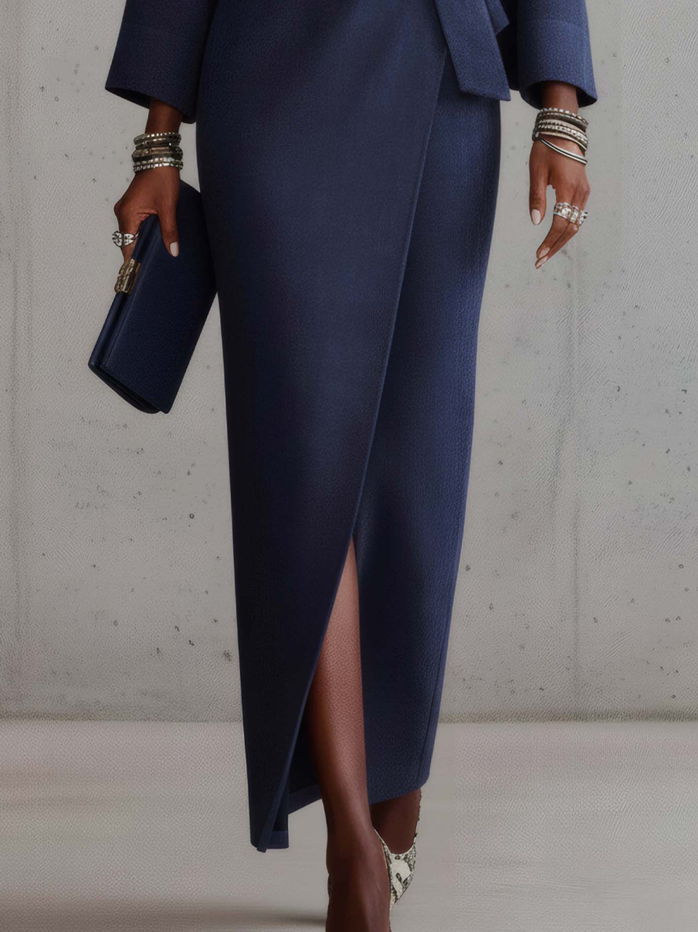 Dark Blue Faux Suede Turtleneck Maxi Dress With Belt