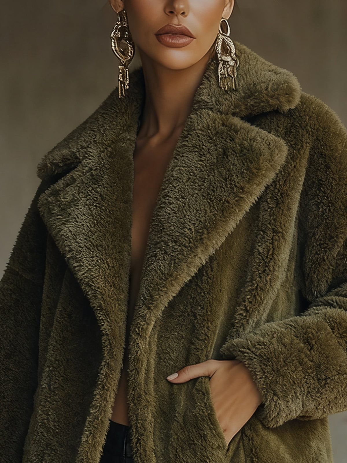 Olive Faux Shearling Oversized Lapel Jacket