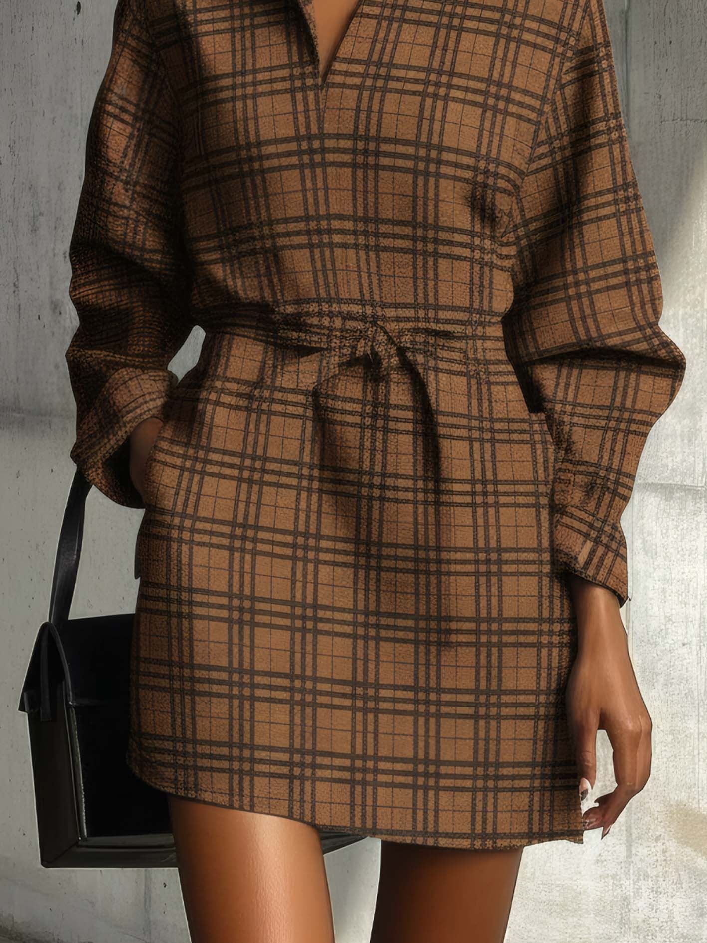 Brown Faux Suede Mini Dress With Plaid