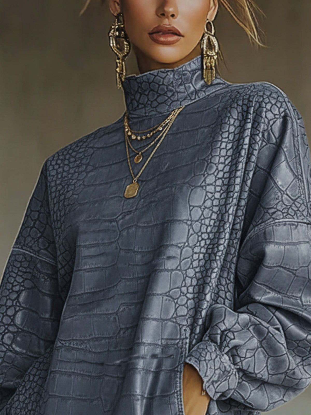 Blue Faux Crocodile-Textured Fringed High Collar Mini Dress