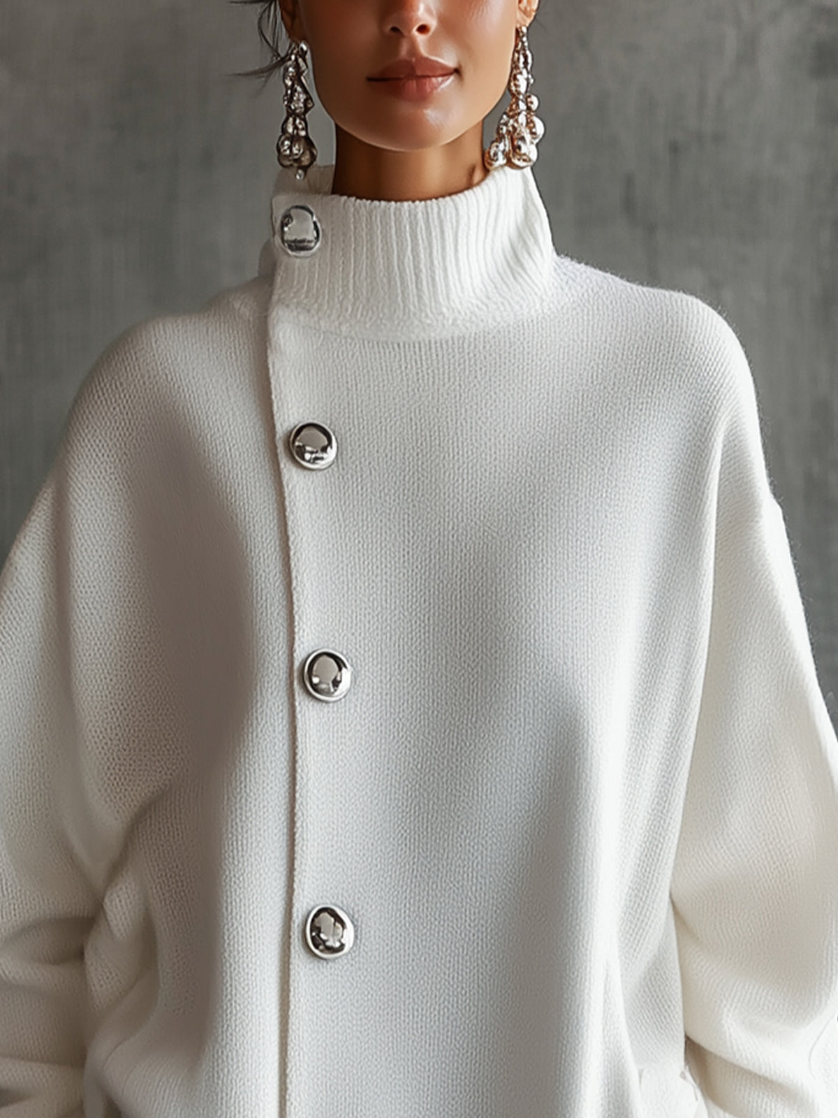 White Oversized Buttoned Turtleneck Sweater Dress