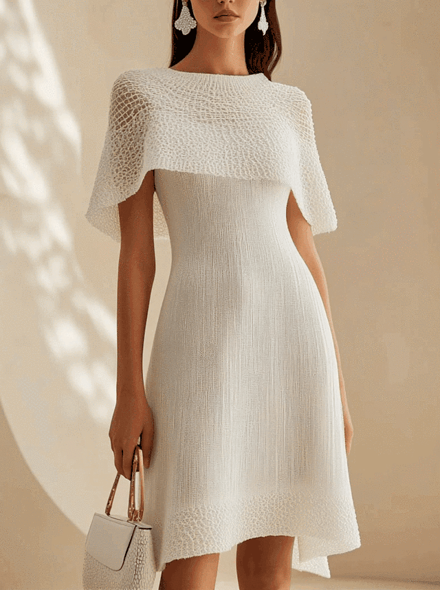 24-Hour-Shipping White Knit Midi Dress With Cape Trim